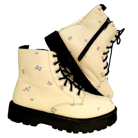 Zara Girls Tan Floral Combat Boots - Size 2 - Pre-owned - Picture 1 of 7